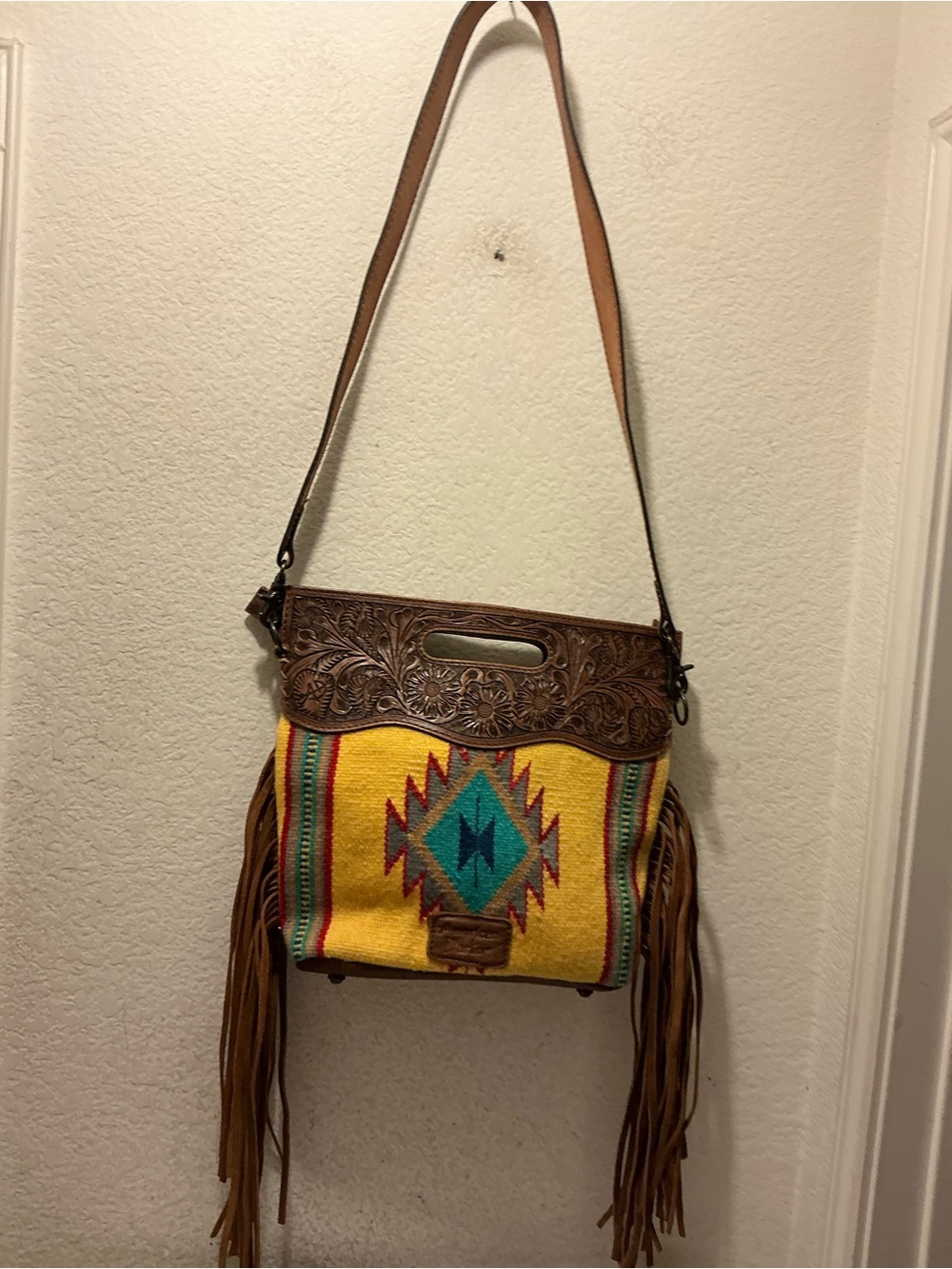 American Darling Yellow Southwestern Fringe Shoulder Bag with Turquoise Accent